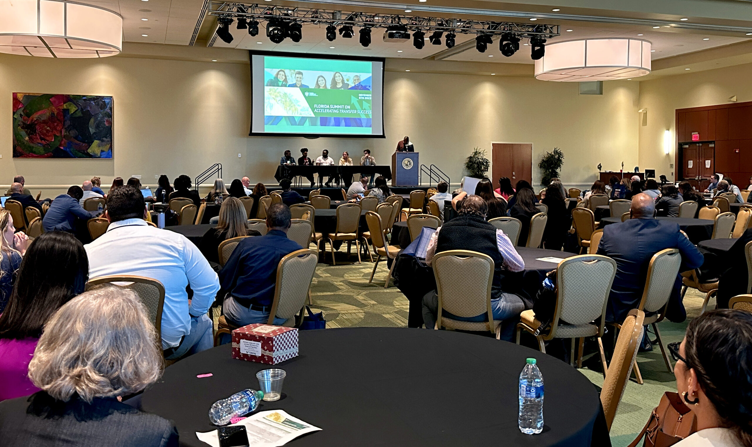 A group of university students share their stories during a student panel at the 2023 Florida Summit on Accelerating Transfer Success in the Marshall Student Center on the USF Tampa campus.